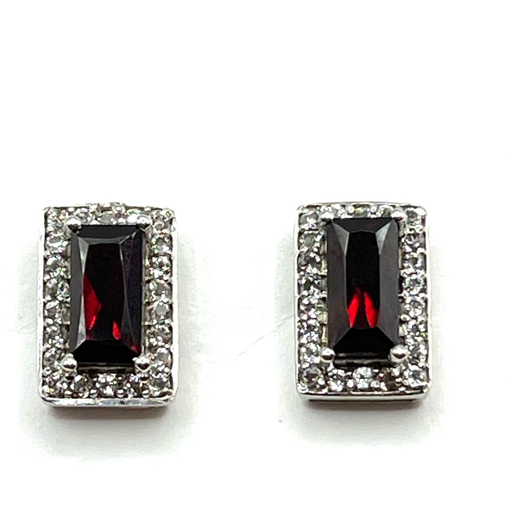 Emerald Cut Earrings Tourmaline and Diamond Gemstones Sterling Silver Deep Red